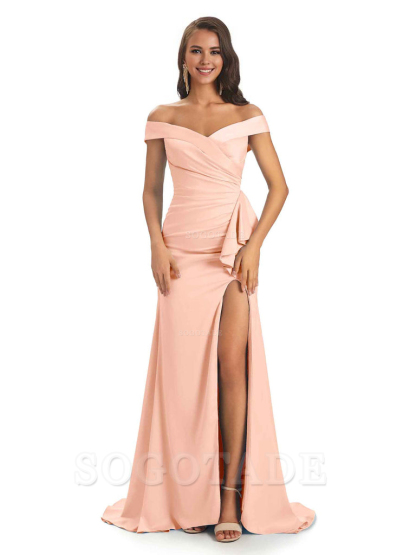 Sexy Soft Satin Side Slit Off The Shoulder Maxi Long Mermaid Bridesmaid Dresses prom shop dresses