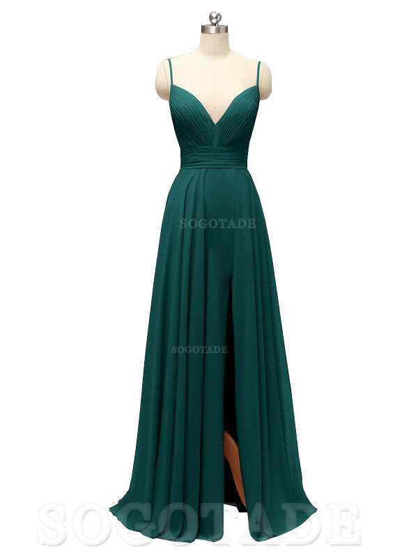 Honest Chiffon Spaghetti Straps Slit Long Bridesmaid Dresses prom shop dresses