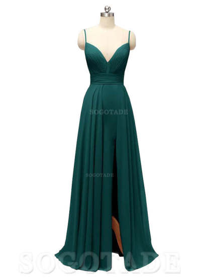 Honest Chiffon Spaghetti Straps Slit Long Bridesmaid Dresses prom shop dresses