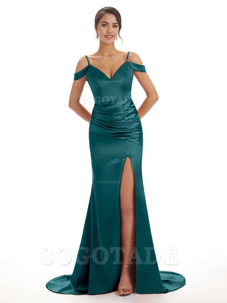 Mermaid Off The Shoulder Satin formal dresses evening gown Bridesmaid Dresses With Side Slit 