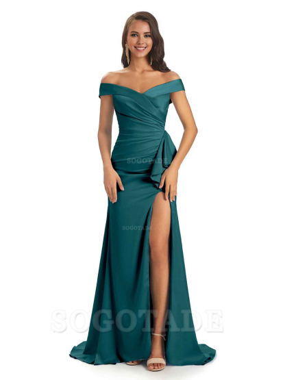 Sexy Soft Satin Side Slit Off The Shoulder Maxi Long Mermaid Bridesmaid Dresses prom shop dresses