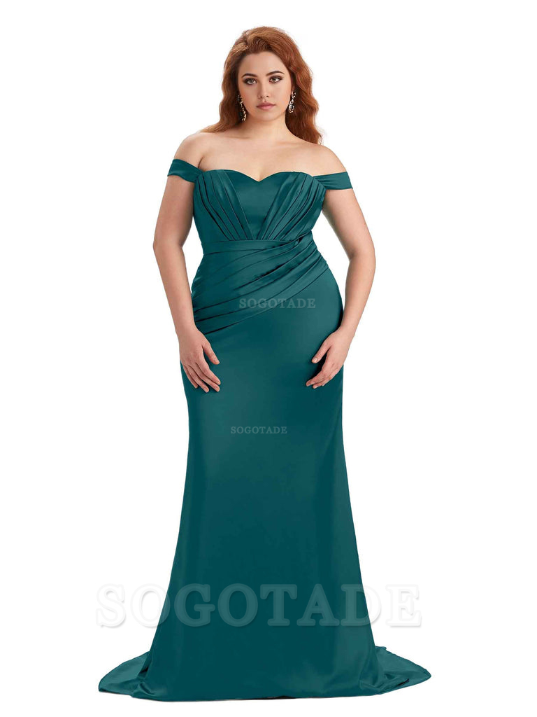 Sexy Mermaid Off The Shoulder Sweetheart Soft Satin Floor Length Long Plus Size Maid of Honor Dresses