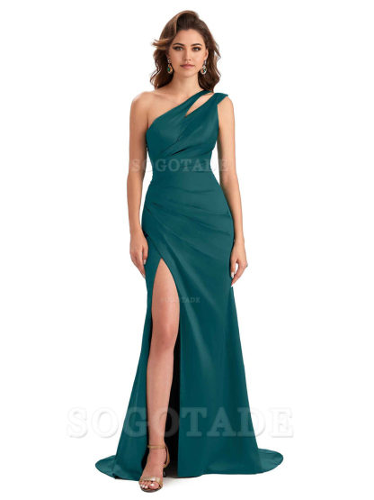 Mermaid One Shoulder Satin Sexy formal dresses evening gown Bridesmaid Dresses With Side Slit 