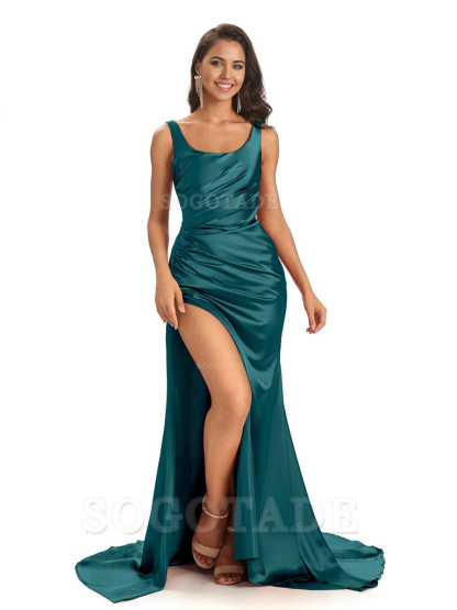 Mermaid Scoop Floor-Length Satin formal dresses evening gown Bridesmaid Dresses 