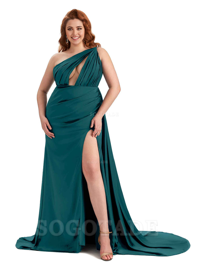 One Shoulder Sleeveless Sexy Side Slit Mermaid Soft Satin Long Plus Size Bridesmaid Dresses Online