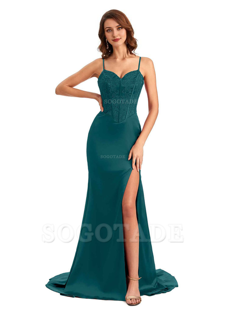 Sexy Side Slit Mermaid Silky Satin V-Neck Lace Unique Long Bridesmaid Dresses