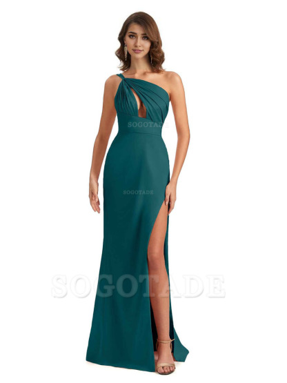 Sexy One Shoulder Silky Satin Unique Long Ladies Bridesmaid Dress For Wedding