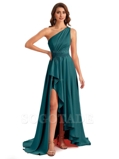 Sexy One Shoulder A-Line High Low Silky Satin Lace Long Formal Wedding Guest Dresses