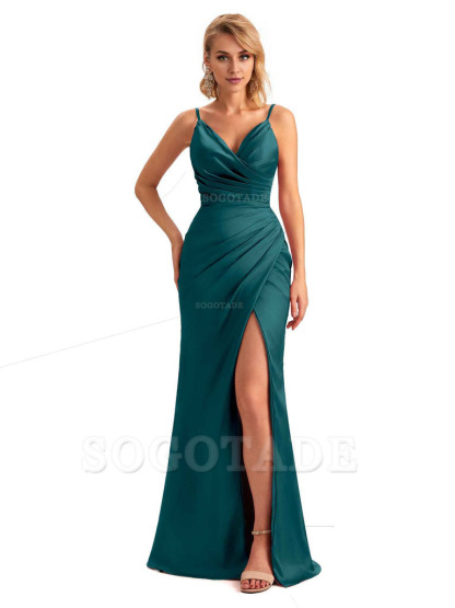 Sexy Side Slit V-Neck Mermaid Silky Satin Unique Long Formal Ladies Bridesmaid Dresses