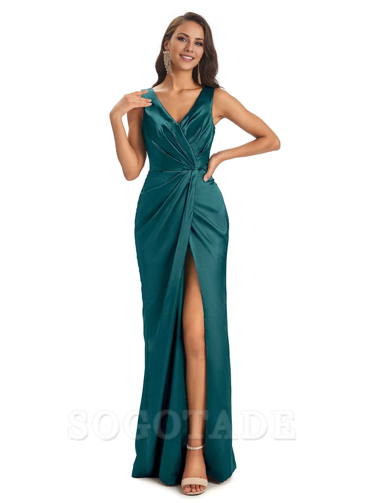 V-Neck Unique Long Satin Bridesmaid Dresses with Front Slit