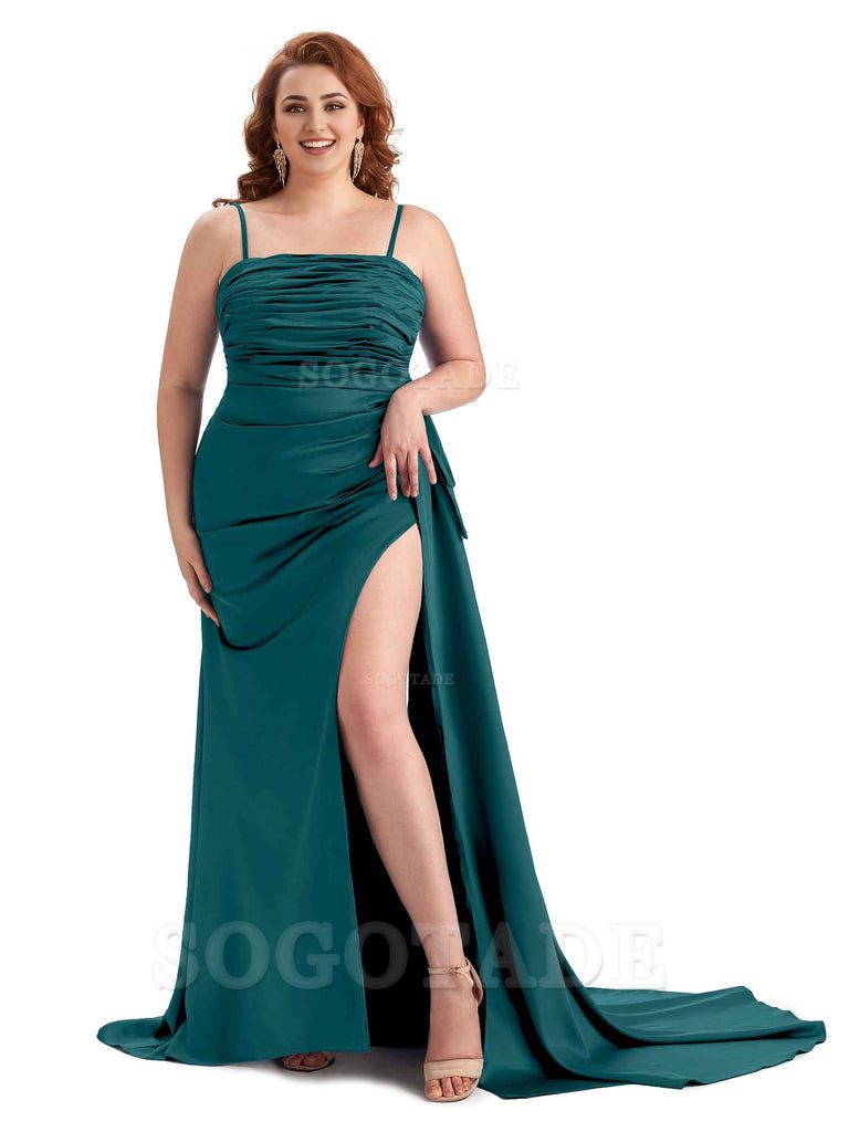 Sexy Side Slit Spaghetti Straps Mermaid Soft Satin Long Plus Size Bridesmaid Dresses Online
