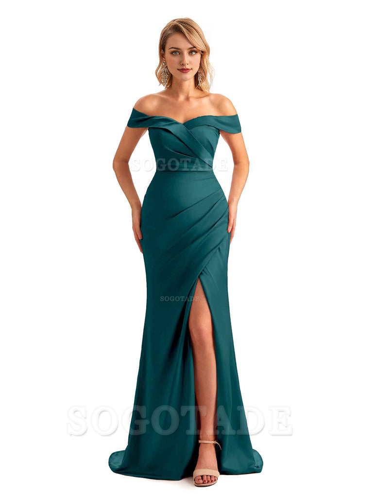 Off Shoulder Side Slit Mermaid Silky Satin Unique Long Formal Wedding Guest Dresses Online