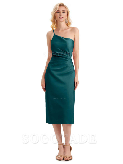 Sexy Soft Satin Side Slit One Shoulder Satin Midi Bridesmaid Dresses Online
