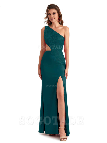 Sexy Side Slit Mermaid Lace Silky Satin One Shoulder Chic Long Bridesmaid Dresses