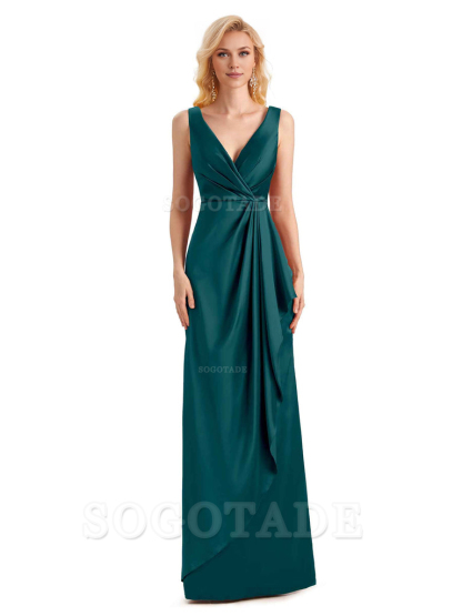 V Neck Elegant Soft Satin Formal Long Maid Bridesmaid Dresses Formal Wear Dresses