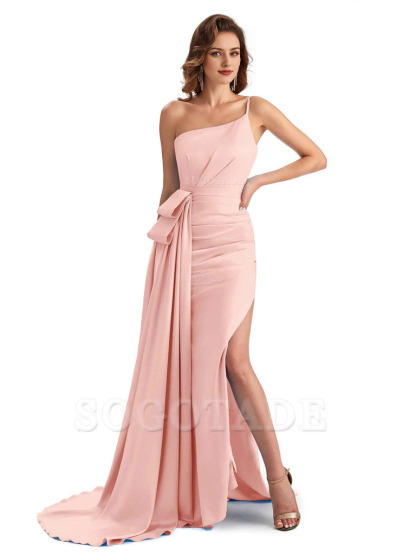 Sexy Side Slit Mermaid Silky Satin One Shoulder Modern Maxi Bridesmaid Dresses
