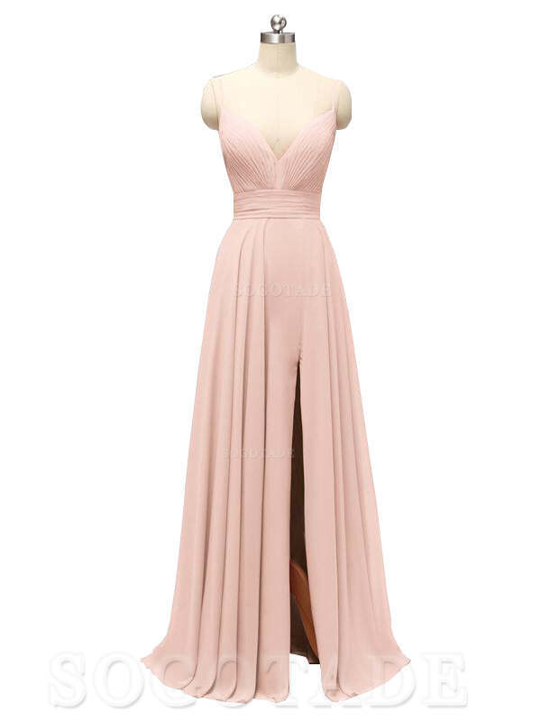 Honest Chiffon Spaghetti Straps Slit Long Bridesmaid Dresses prom shop dresses