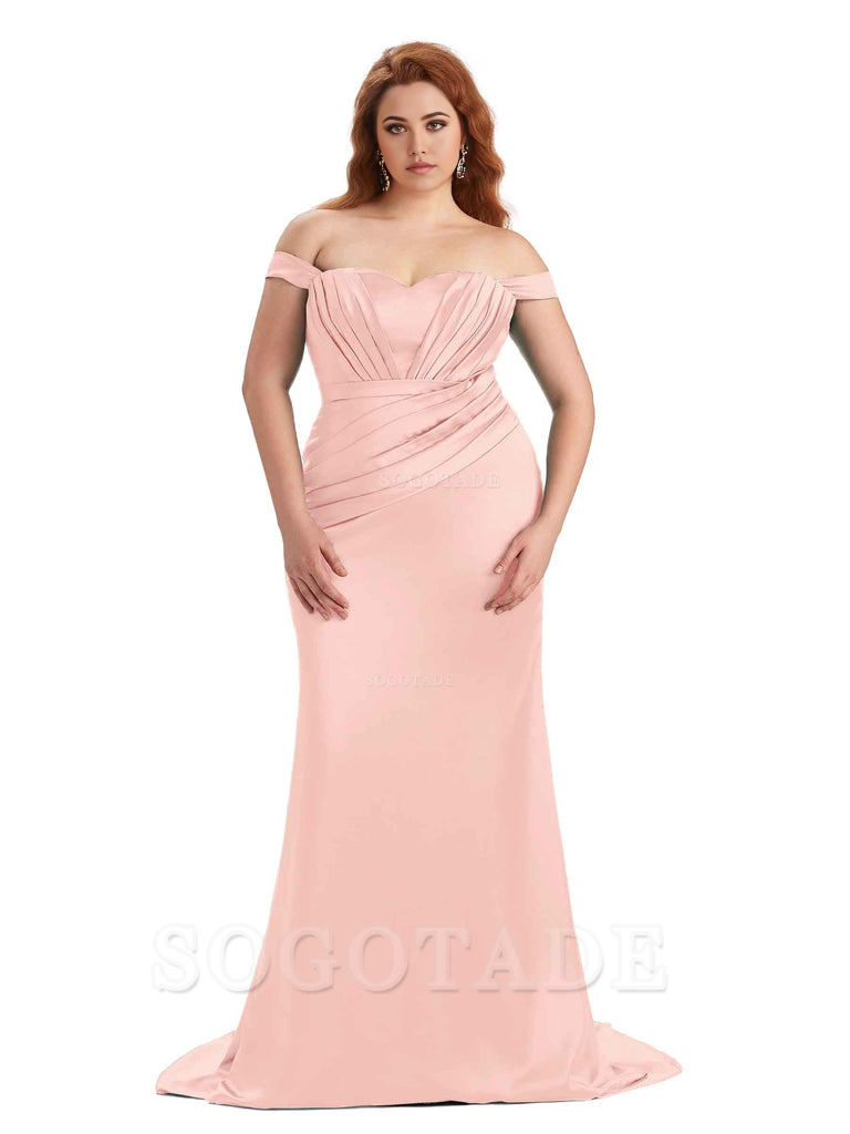 Sexy Mermaid Off The Shoulder Sweetheart Soft Satin Floor Length Long Plus Size Maid of Honor Dresses