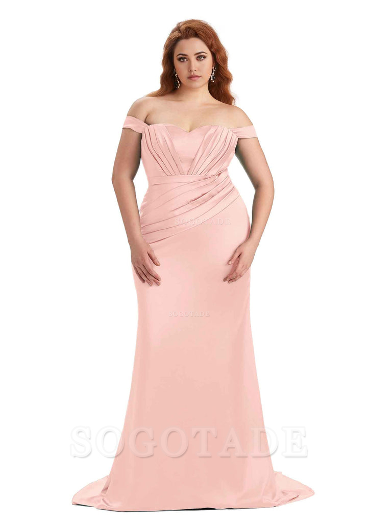 Sexy Mermaid Off The Shoulder Sweetheart Soft Satin Floor Length Long Plus Size Maid of Honor Dresses