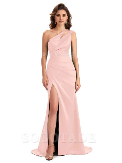 Mermaid One Shoulder Satin Sexy formal dresses evening gown Bridesmaid Dresses With Side Slit 