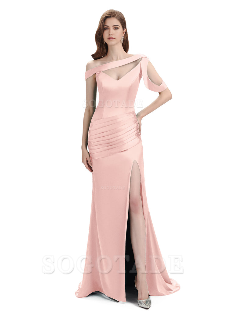 Mermaid V-Neck Satin Floor-Length formal dresses evening gown Bridesmaid Dresses With Side Slit 