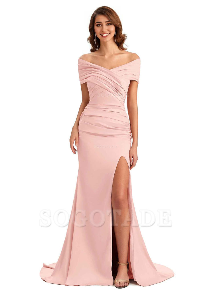 Sexy Off The Shoulder Side Slit Mermaid Satin Unique Long Formal Wedding Guest Dresses