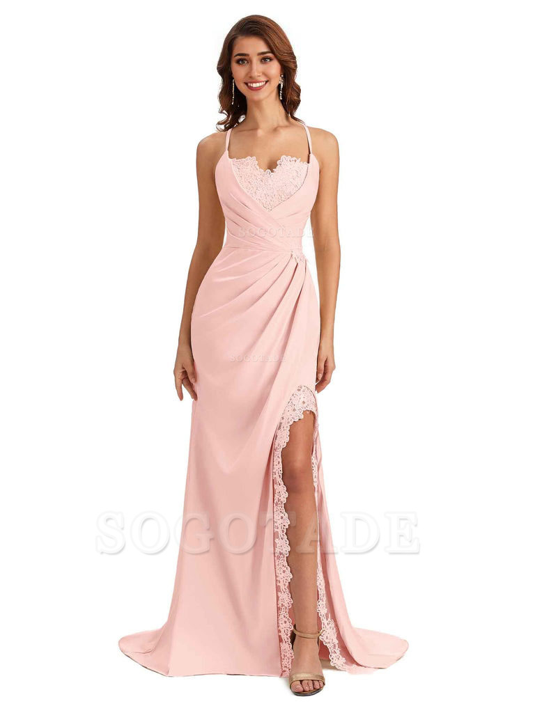 Sexy Side Slit Spaghetti Straps Lace Mermaid Silky Satin Wedding Guest Dresses