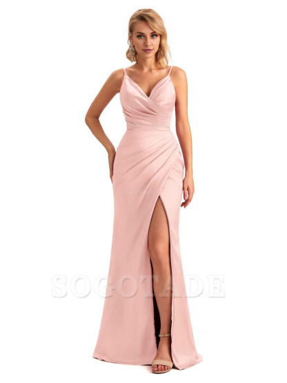 Sexy Side Slit V-Neck Mermaid Silky Satin Unique Long Formal Ladies Bridesmaid Dresses