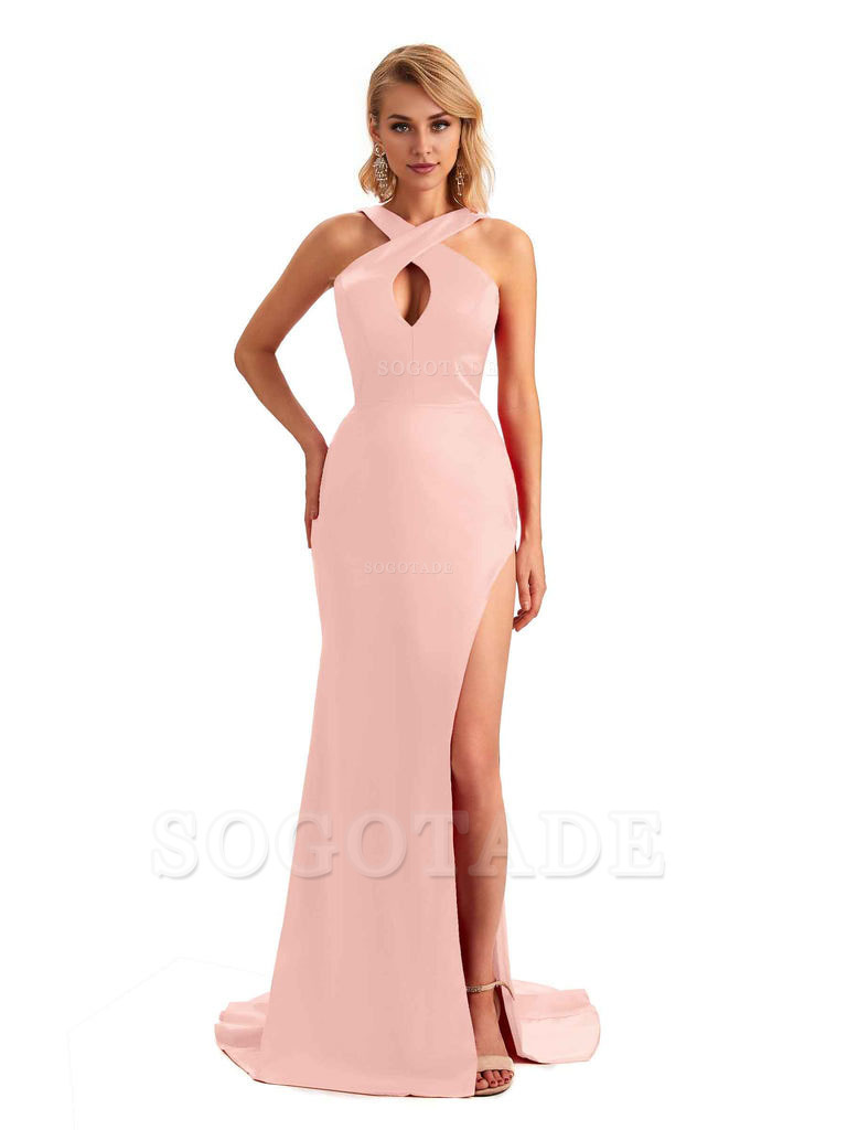 Sexy Side Slit Halter Mermaid Silky Satin Unique Long Formal Wedding Bridesmaid Dresses