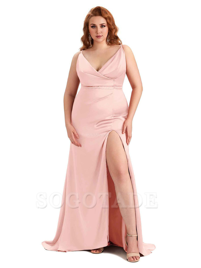 Sexy Side Slit Spaghetti Straps Mermaid Soft Satin Fashion Bridesmaid Dresses