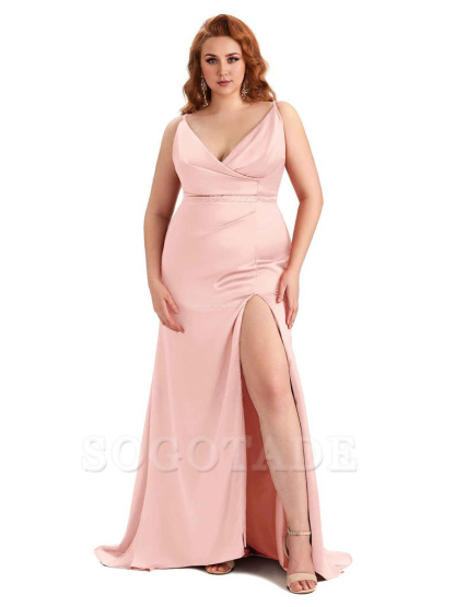 Sexy Side Slit Spaghetti Straps Mermaid Soft Satin Fashion Bridesmaid Dresses