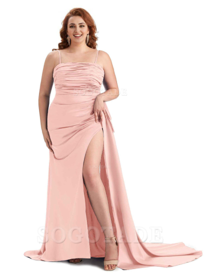 Sexy Side Slit Spaghetti Straps Mermaid Soft Satin Long Plus Size Bridesmaid Dresses Online