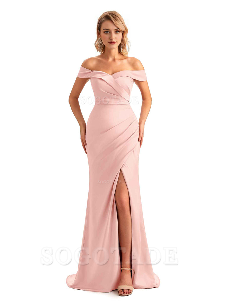 Off Shoulder Side Slit Mermaid Silky Satin Unique Long Formal Wedding Guest Dresses Online