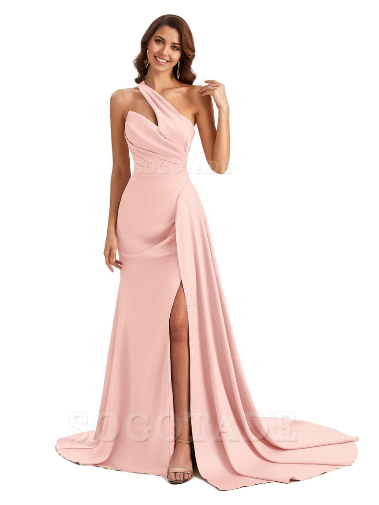 Mermaid One shoulder Satin formal dresses evening gown Bridesmaid Dresses With Side Slit 