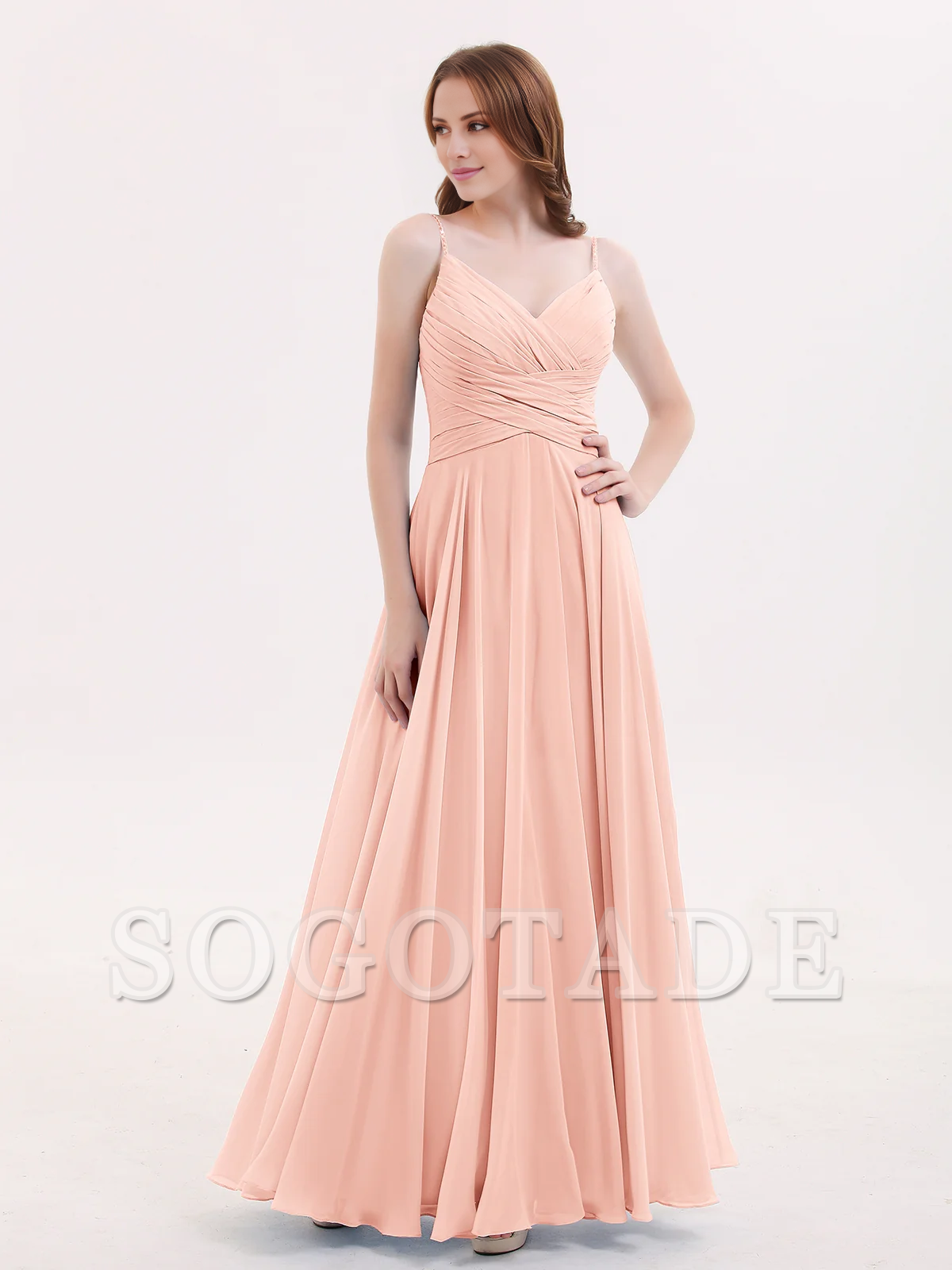 V-neck Fine Shoulder Strap Floor Length Chiffon Bridesmaid Dresses Online