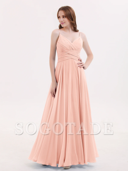 V-neck Fine Shoulder Strap Floor Length Chiffon Bridesmaid Dresses Online