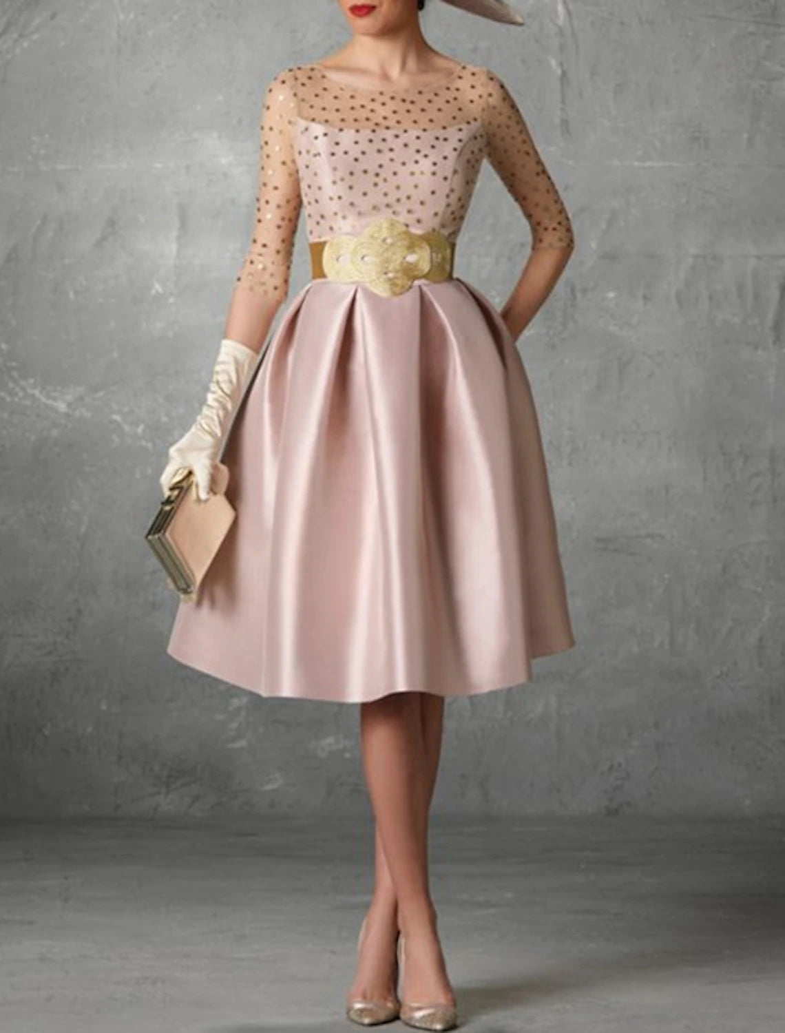 A-Line Cocktail Dresses Elegant Dress Fall Wedding Guest Dress For Mother Knee Length Half Sleeve Jewel Neck Pocket Satin with Buttons Pocket 2024-SOGOTADE