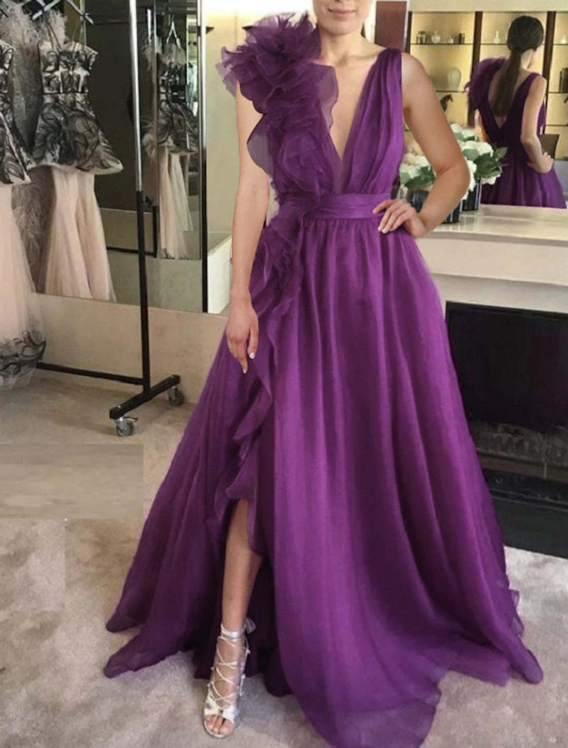 A-Line Evening Gown Celebrity Style Dress Red Green Dress Formal Wedding Guest Floor Length Sleeveless V Neck Chiffon with Slit Pure Color-SOGOTADE