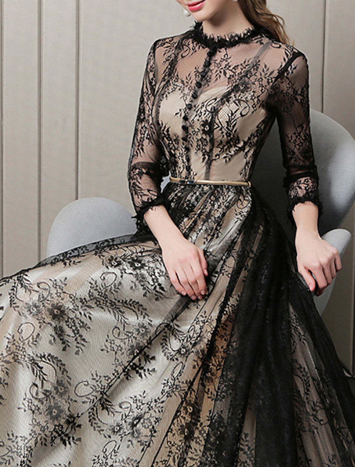 A-Line Evening Gown Cut Out Dress Wedding Guest Formal Evening Sweep / Brush Train 3/4 Length Sleeve Jewel Neck Lace with Pattern / Print 2024-SOGOTADE