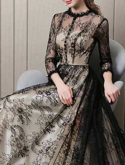 A-Line Evening Gown Cut Out Dress Wedding Guest Formal Evening Sweep / Brush Train 3/4 Length Sleeve Jewel Neck Lace with Pattern / Print 2024-SOGOTADE
