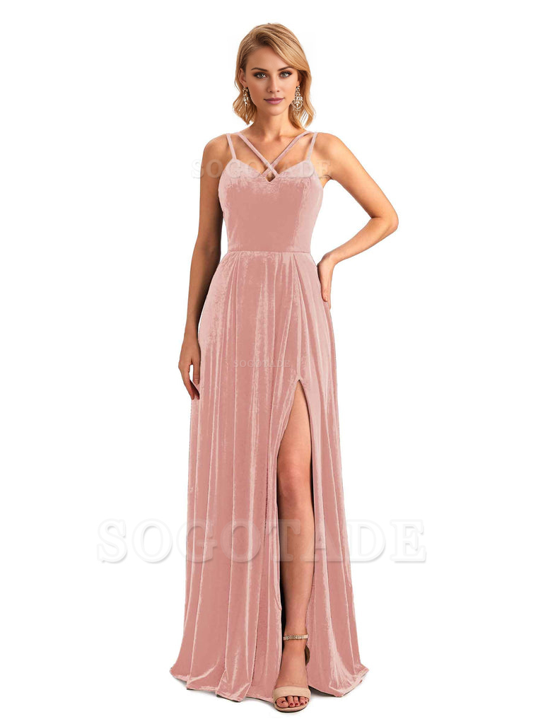 Sexy Side Slit Spaghetti Straps Unique Velvet Long Bridesmaid Dresses 