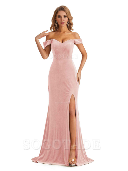 Elegant Simple Mermaid Off The Shoulder Backless Side Slit Velvet Long Charming Bridesmaid Dresses Formal Women's Dresses Wedding Guests Dresses