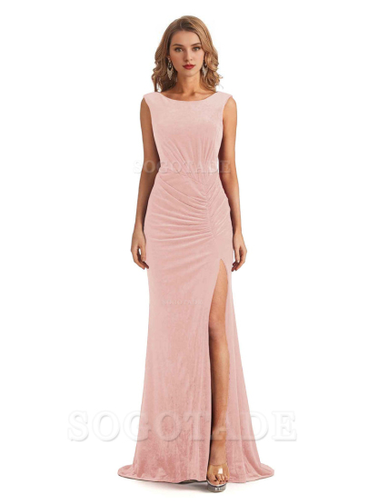 Sexy Open Back Mermaid Velvet Jewel High Split Maxi Long Bridesmaid Dresses Online