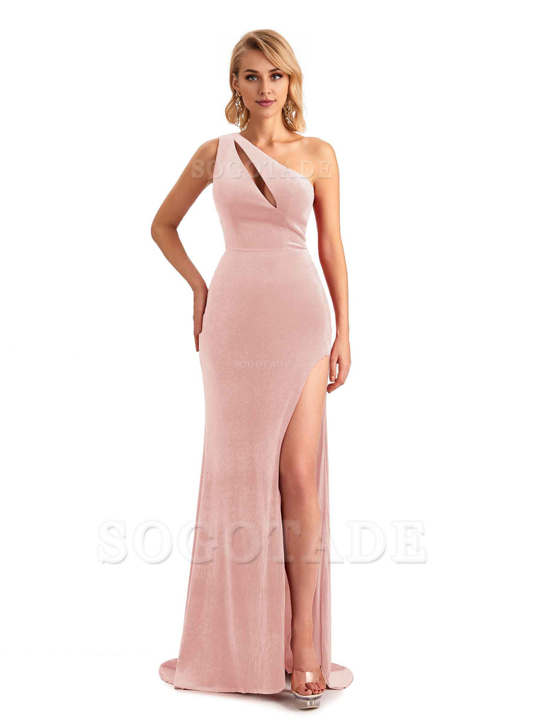 Sexy Sleeveless Floor Length Mermaid One Shoulder Side Slit Velvet Long Bridesmaid Dresses