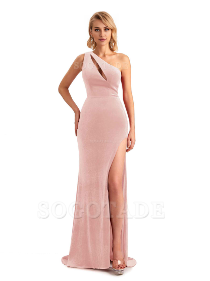 Sexy Sleeveless Floor Length Mermaid One Shoulder Side Slit Velvet Long Bridesmaid Dresses