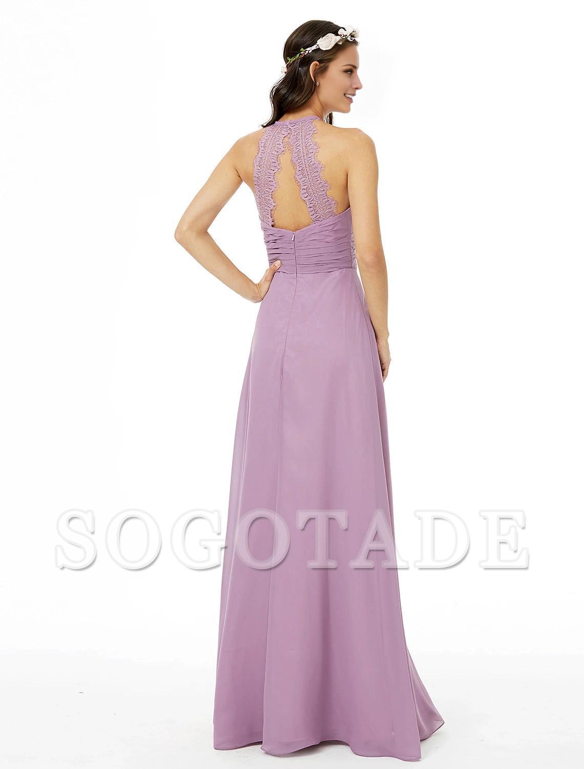 Sheath / Column Bridesmaid Dress Jewel Neck Sleeveless Beautiful Back Floor Length Chiffon with Lace / Sash / Ribbon / Pleats