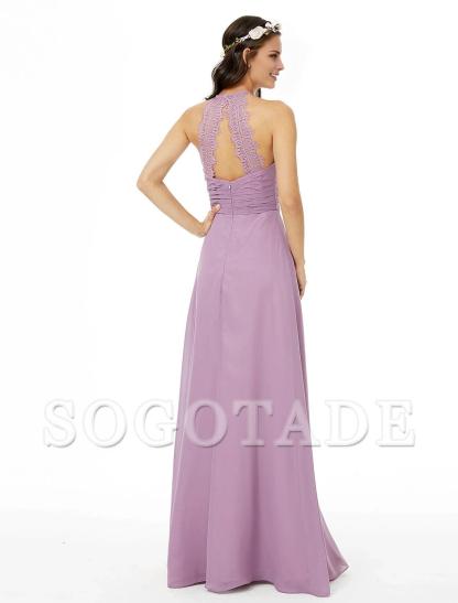 Sheath / Column Bridesmaid Dress Jewel Neck Sleeveless Beautiful Back Floor Length Chiffon with Lace / Sash / Ribbon / Pleats