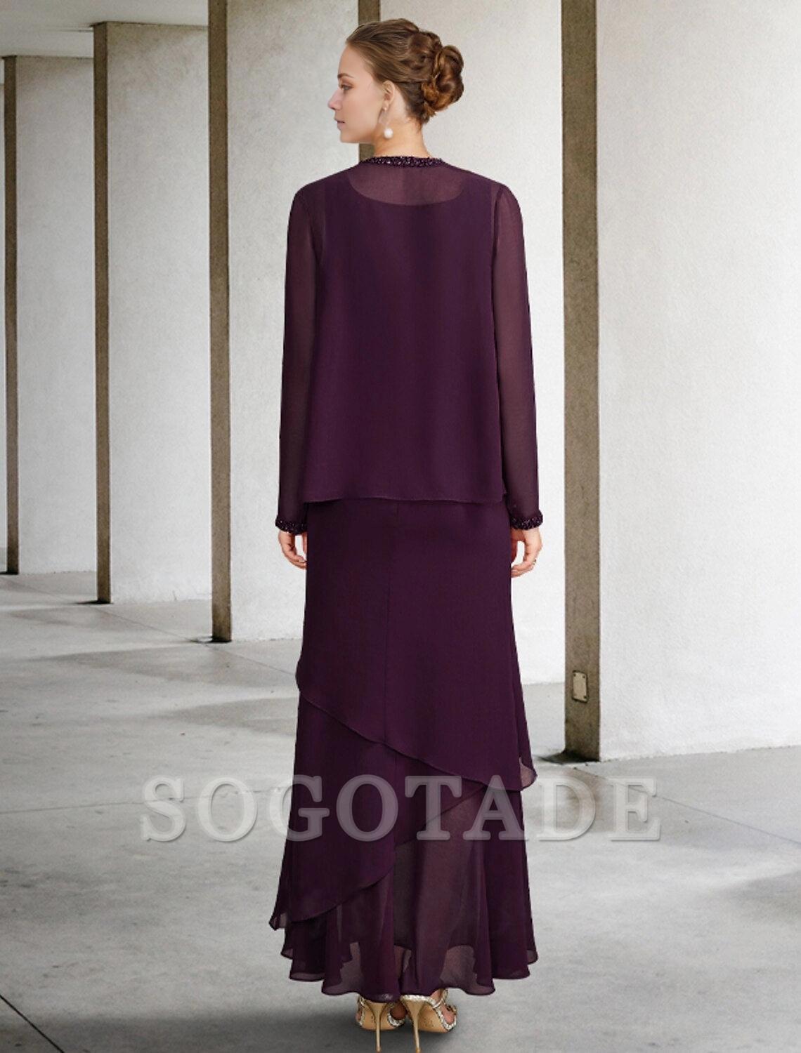 Two Piece A-Line Mother of the Bride Dress Plus Size Elegant Square Neck Ankle Length Chiffon Sleeveless Wrap Included Jacket Dresses with Pearls Beading Tier