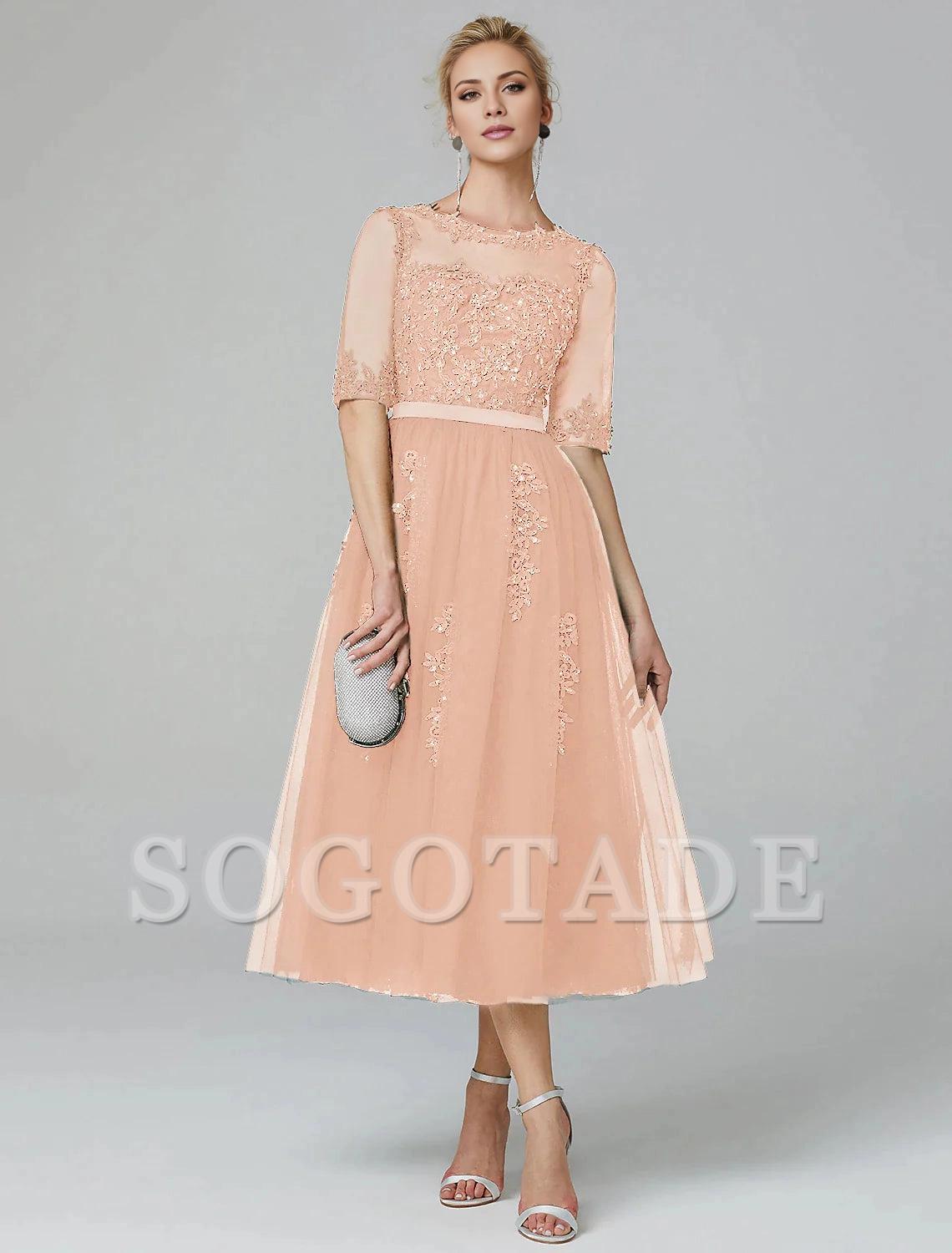 A-Line Cocktail Dress Christmas Red Green Dress Formal Evening Kentucky Derby Tea Length Sleeveless Illusion Neck Fall Wedding Guest Lace Over Tulle with Sequin Appliques-SOGOTADE