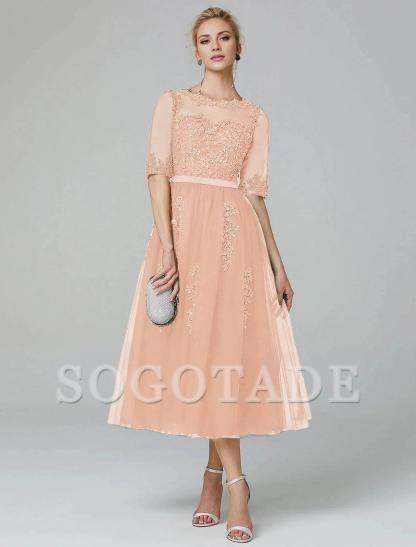 A-Line Cocktail Dress Christmas Red Green Dress Formal Evening Kentucky Derby Tea Length Sleeveless Illusion Neck Fall Wedding Guest Lace Over Tulle with Sequin Appliques-SOGOTADE